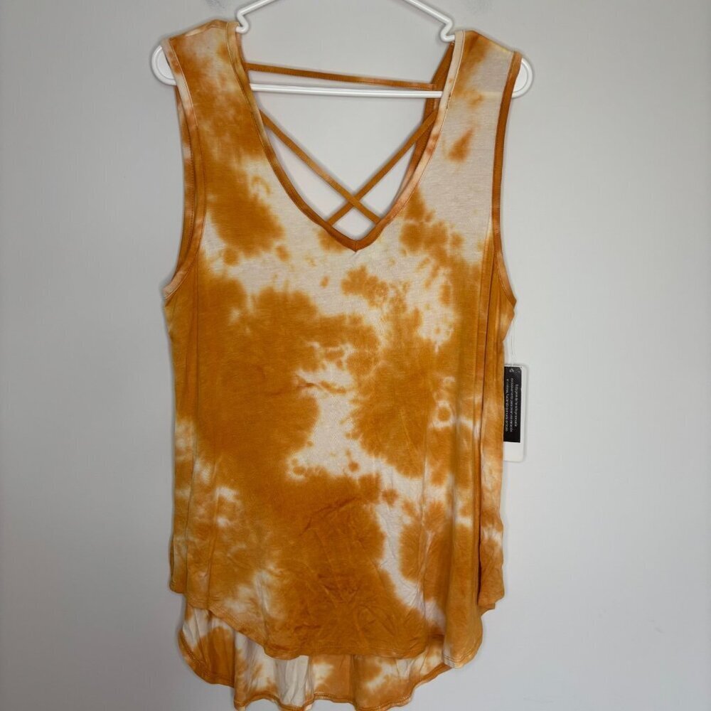 OLIVIA SKY NEW Tie-Dye Tank Womens L Orange White Criss Cross Sleeveless Flowy